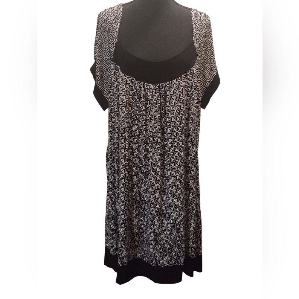 Cato Black and White Geometric Square Neck Short Sleeve Midi Dress